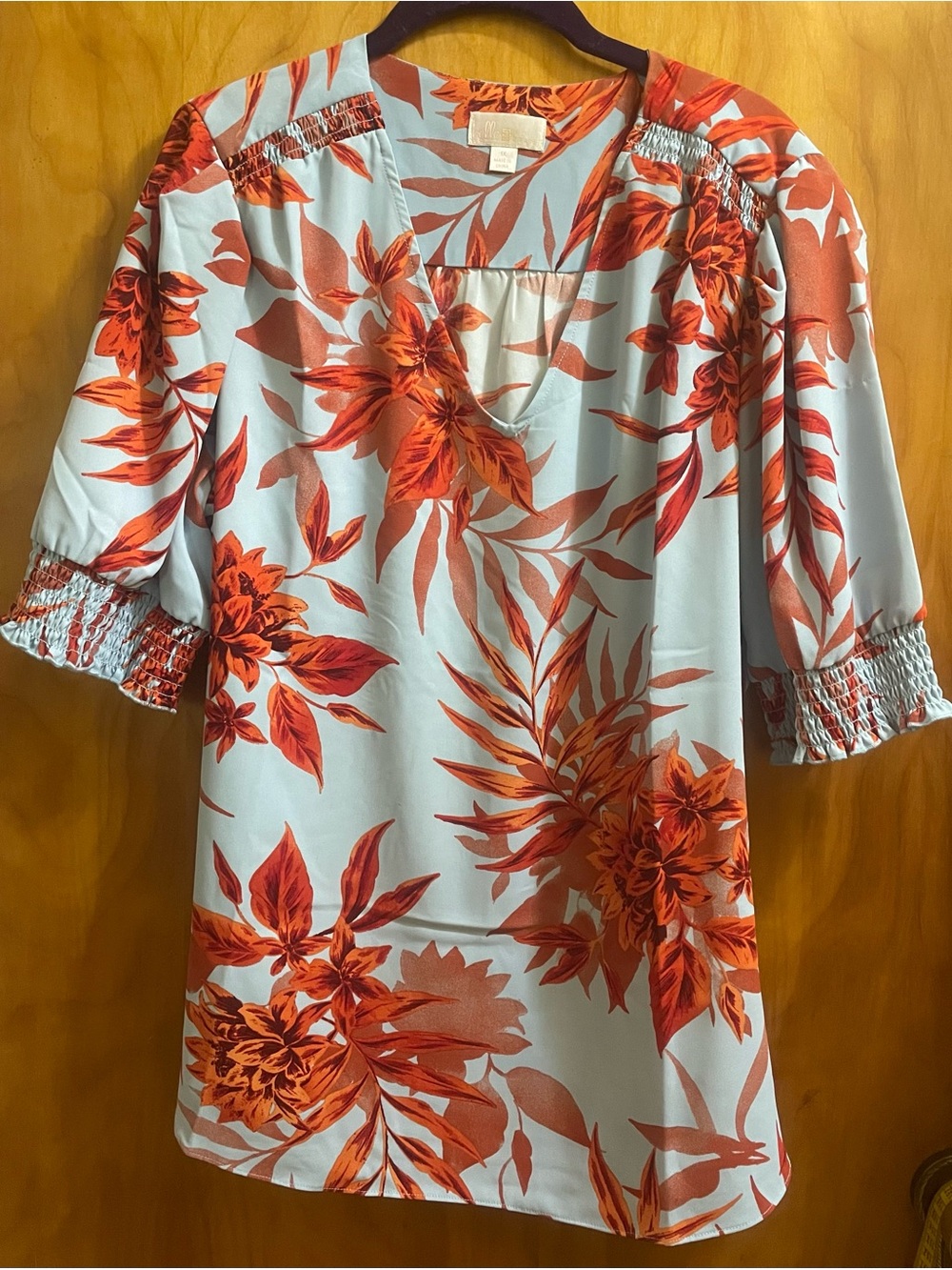 Susan Graver Light Blue Tunic with Orange Floral Print